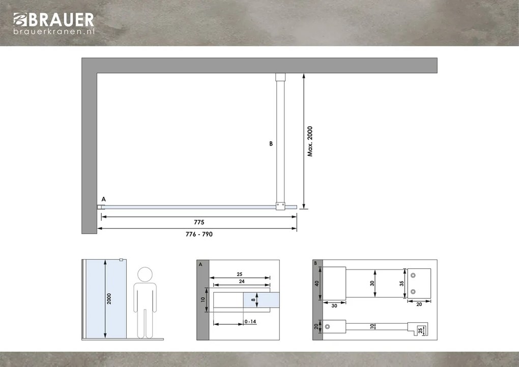 Brauer Brushed Season inloopdouche helder glas 80x200 met muurprofiel RVS-kleurig geborsteld