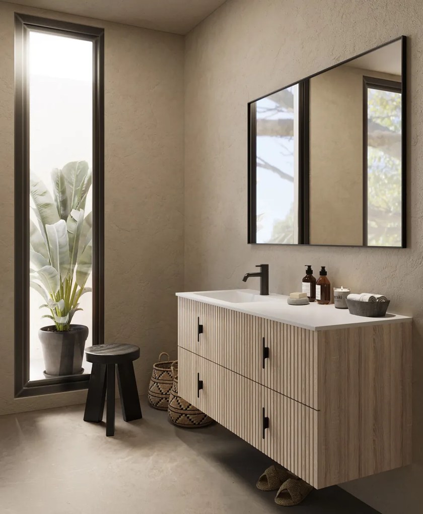 Muebles Avila badmeubel ribbelfront 120cm naturel eiken met wastafel links met kraangat