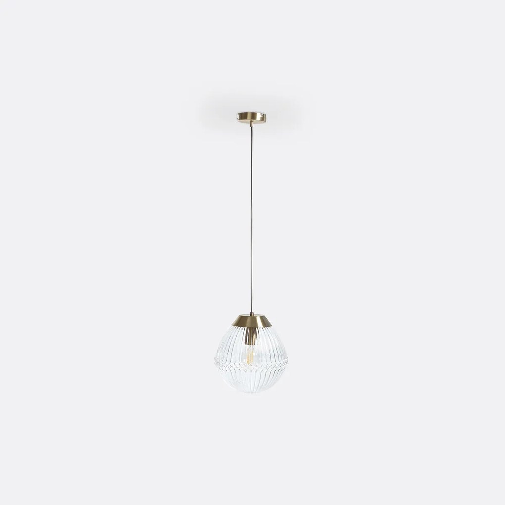 Hanglamp in messing en geribbeld glasØ26 cm, Ari
