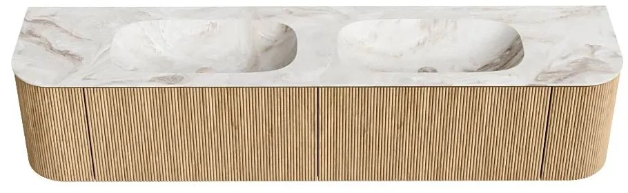 Mondiaz Kurve-dlux 200cm badmeubel ronding links/rechts oak met 2 lades en deuren en wastafel stor small dubbel 2 kraangaten frappe