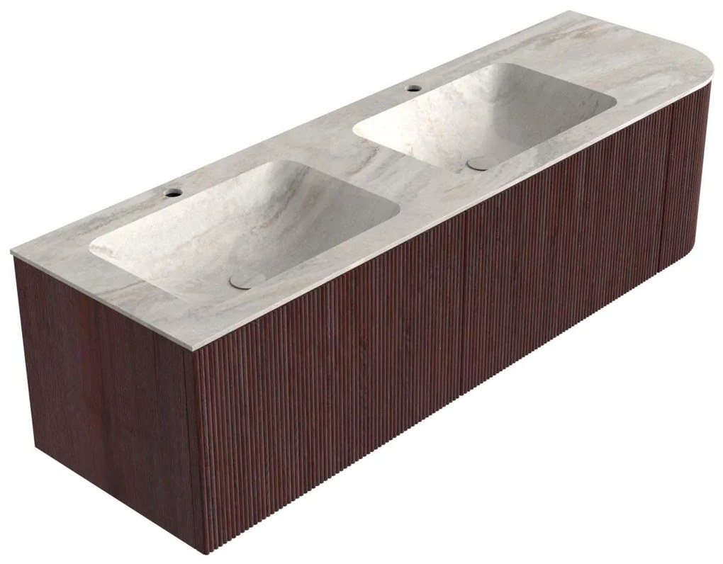 Mondiaz Kurve-dlux 155cm badmeubel ronding rechts ruby met 2 lades en 1 deur en wastafel leaf dubbel/links 2 kraangaten ostra
