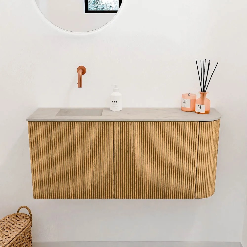 Mondiaz Joya DLux 90cm toiletmeubel ronding rechts oak met wastafel faye links zonder kraangat opalo