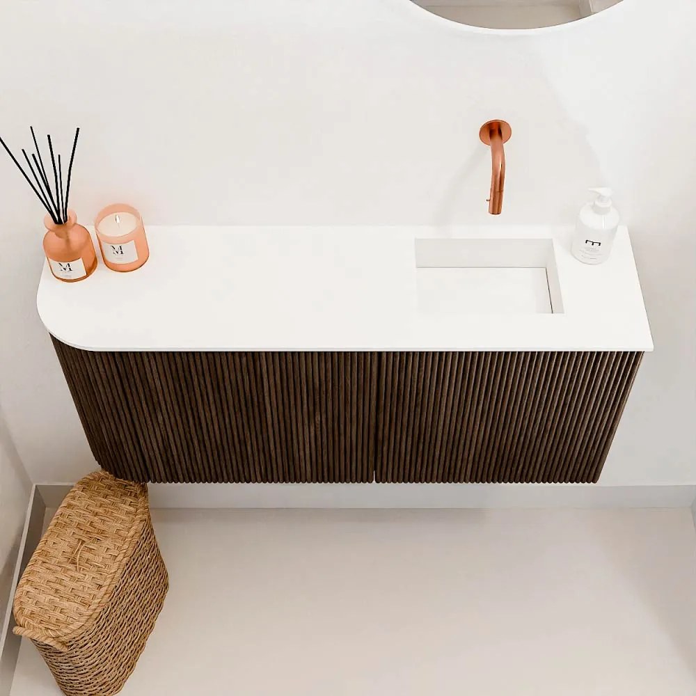 Mondiaz Joya 90cm toiletmeubel ronding links walnut met wastafel faye rechts zonder kraangat talc