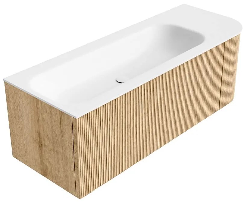 Mondiaz Kurve 125cm badmeubel ronding rechts oak met 1 lade en deur en wastafel big medium kraangat links
