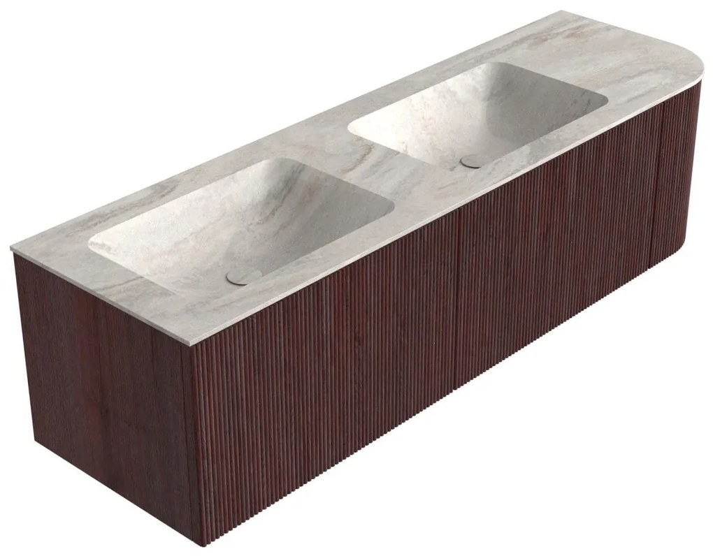 Mondiaz Kurve-dlux 155cm badmeubel ronding rechts ruby met 2 lades en 1 deur en wastafel leaf dubbel/links zonder kraangat ostra