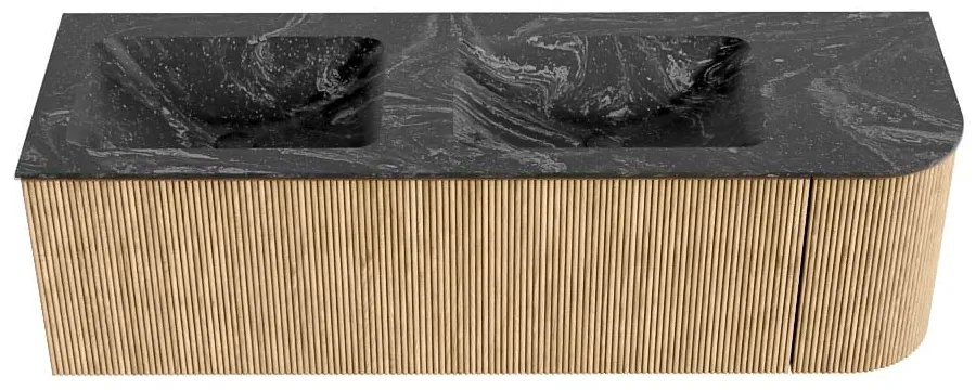 Mondiaz Kurve-dlux 145cm badmeubel ronding rechts oak met 1 lade en deur en wastafel leaf dubbel/links 2 kraangaten lava