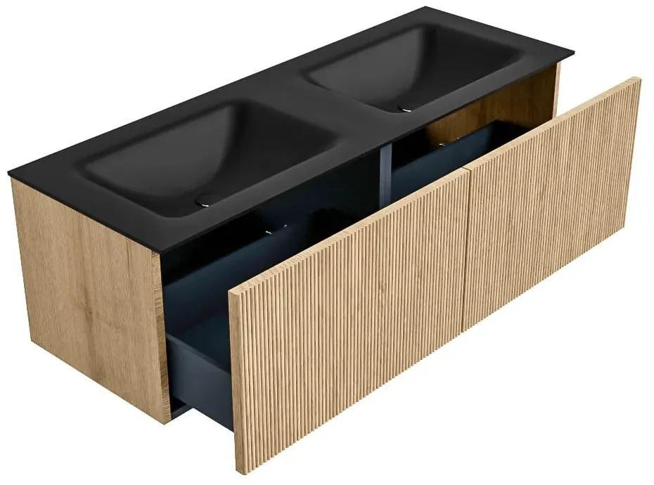 Mondiaz Kurve 130cm badmeubel oak met 2 lades en wastafel cloud dubbel 2 kraangaten urban