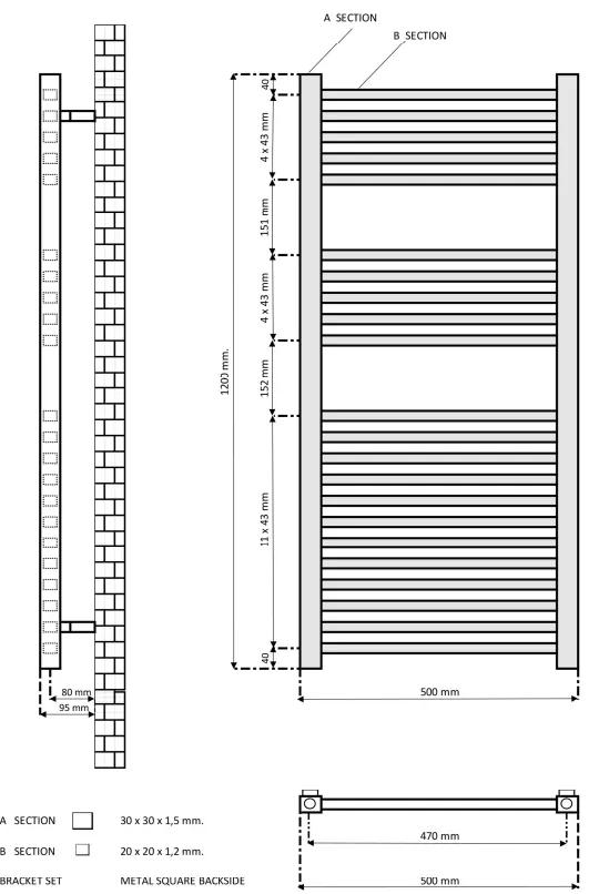 Eastbrook Tuscan Square multirail handdoekradiator 50x120cm 662W zwart mat