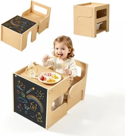 VEVOR Montessori tafel- en stoelenset, kinderzitgroep, houten kindermeubels, opstapje met krijtbord en opbergruimte, ideaal voor peuters van 1-5 jaar om te eten, tekenen, lezen en spelen.