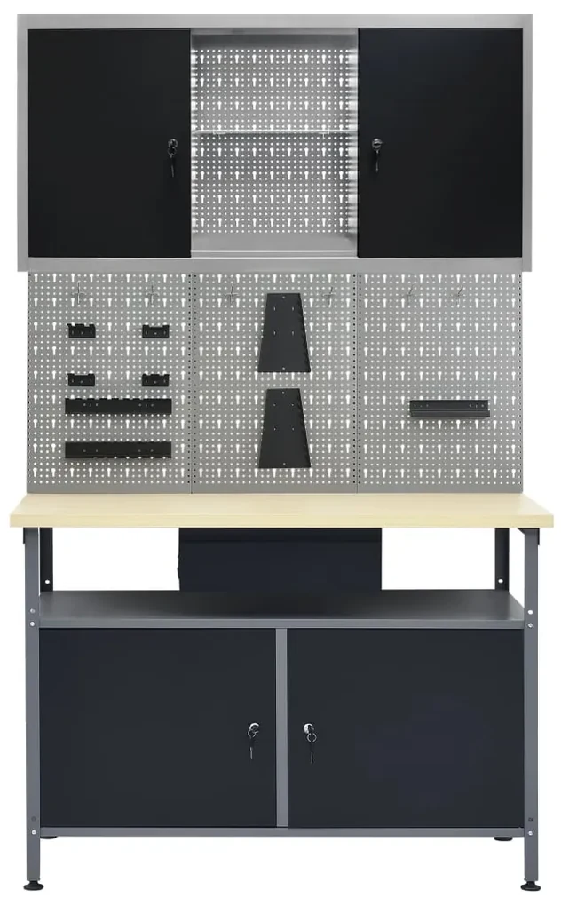 vidaXL Werkbank met drie wandpanelen en een kast