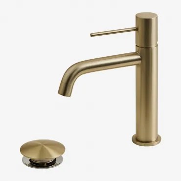 Orveta Click-clack Messing Wastafelkraan En Afvoerklepset ↑20 Cm & Klep Met Overloop & Geborsteld Goud - Sklum