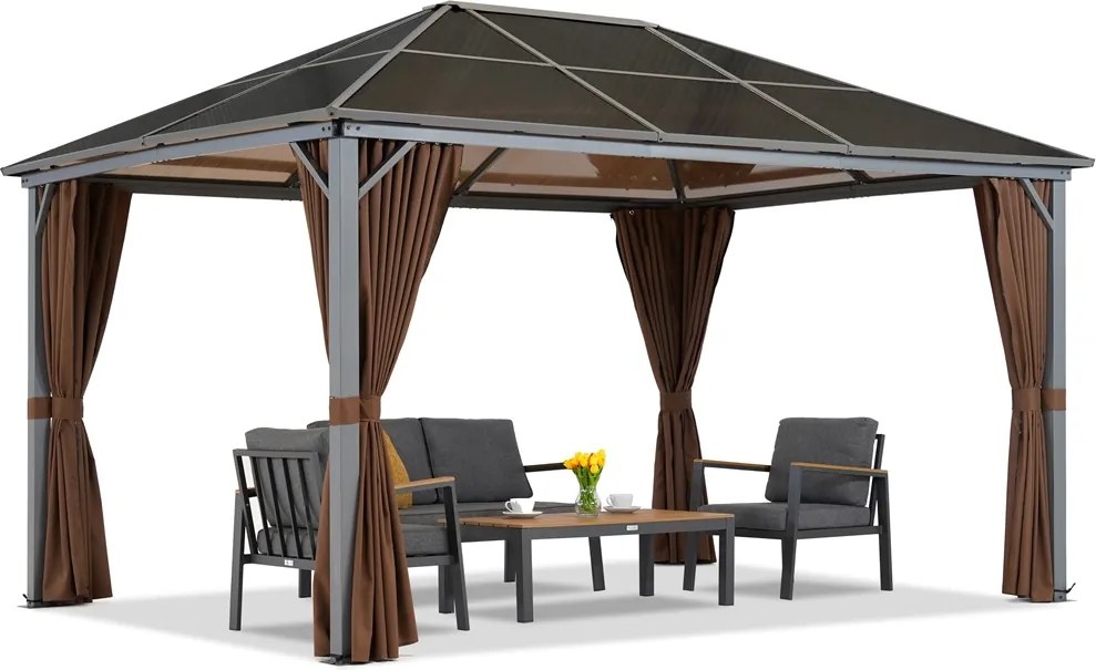 Milos tuinhuisje 3x4m met bruine gordijnen Tuinpunt