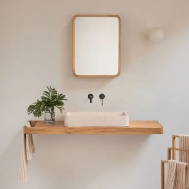 Conjunto Van Meubel 130x45 Cm Hangend In Teakhout Neill Teakhout & Rechthoekig Wit Cement 60x30 Cm Ronald & Rechthoekig Met Opbergruimte Hout 45x60 -