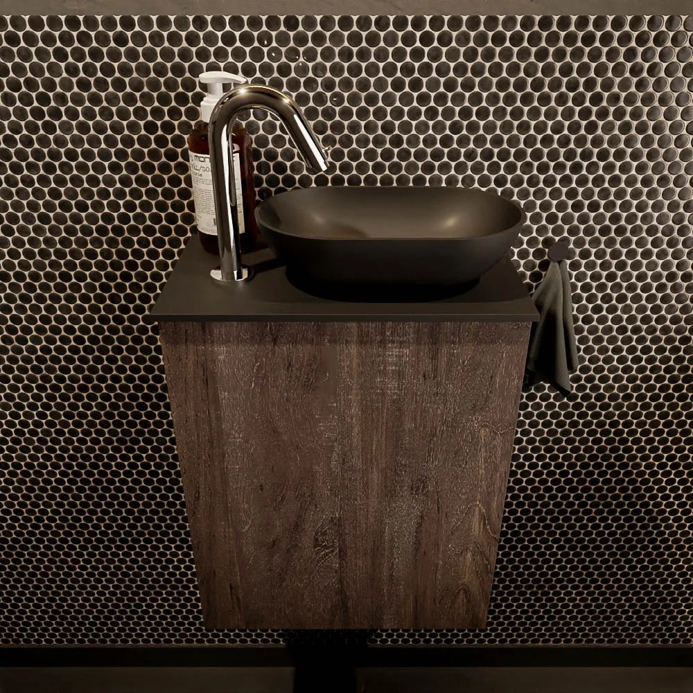 Mondiaz Fowy toiletmeubel 40cm dark brown met zwarte waskom rechts en kraangat