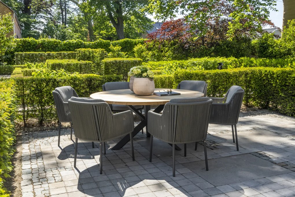 4 Seasons Outdoor Bernini tuinset platinum met RVS Prado tafel teak blad Ø 160 cm  Tuinset    houtkleur weerbestendig