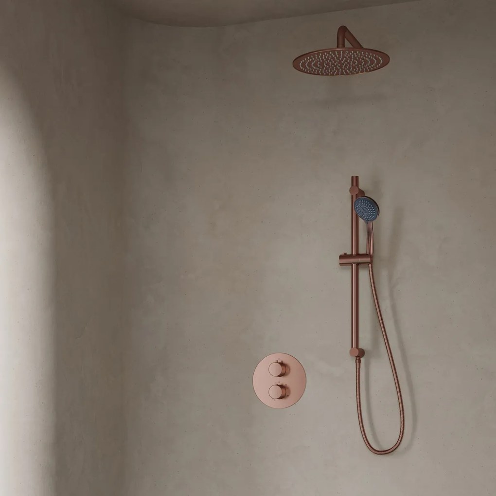 Saniclear Copper inbouwregendouche 20cm rond met wandarm, 3 standen handdouche en glijstang geborsteld koper