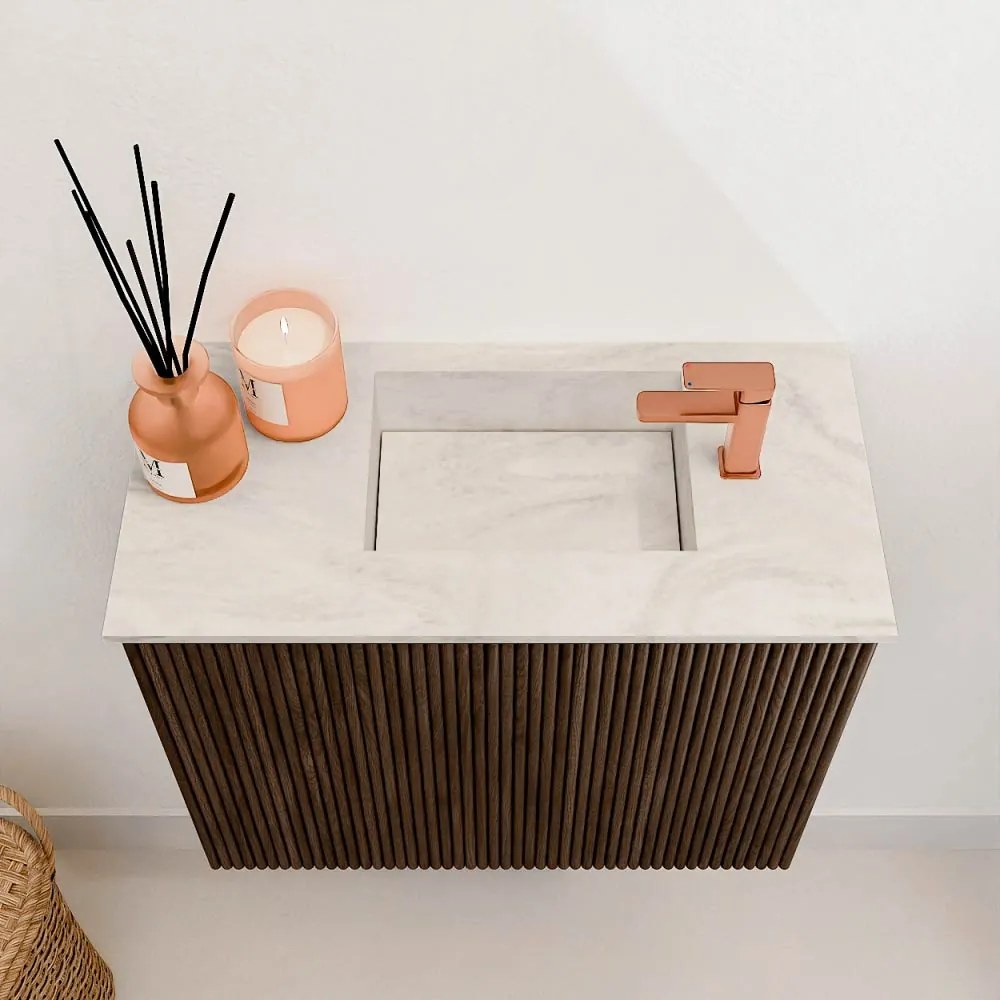 Mondiaz Joya DLux 50cm toiletmeubel walnut met wastafel faye rechts 1 kraangat ostra