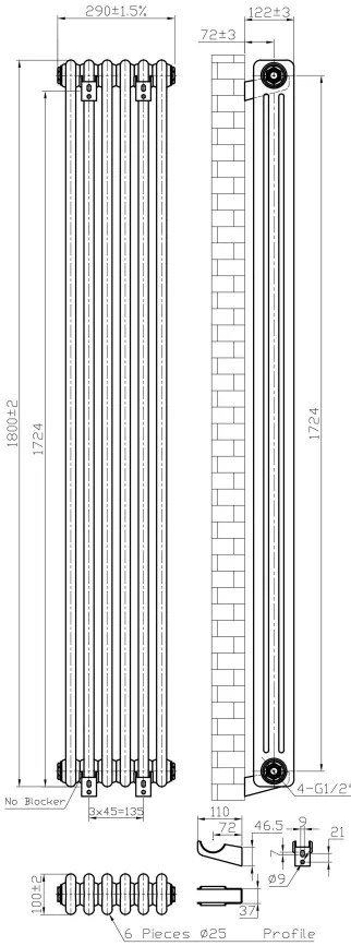 Eastbrook Imperia 3 koloms radiator 30x180cm 1608W antraciet