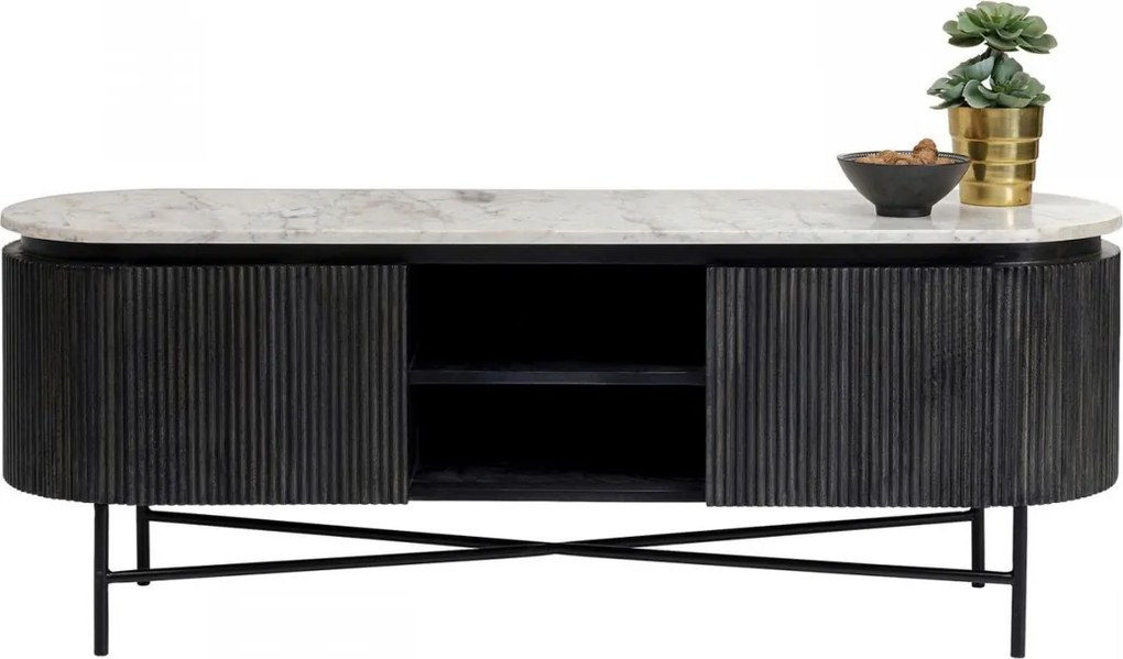 Ovaal Tv-meubel Zwart Met Wit Marmer - 150x40x54cm.