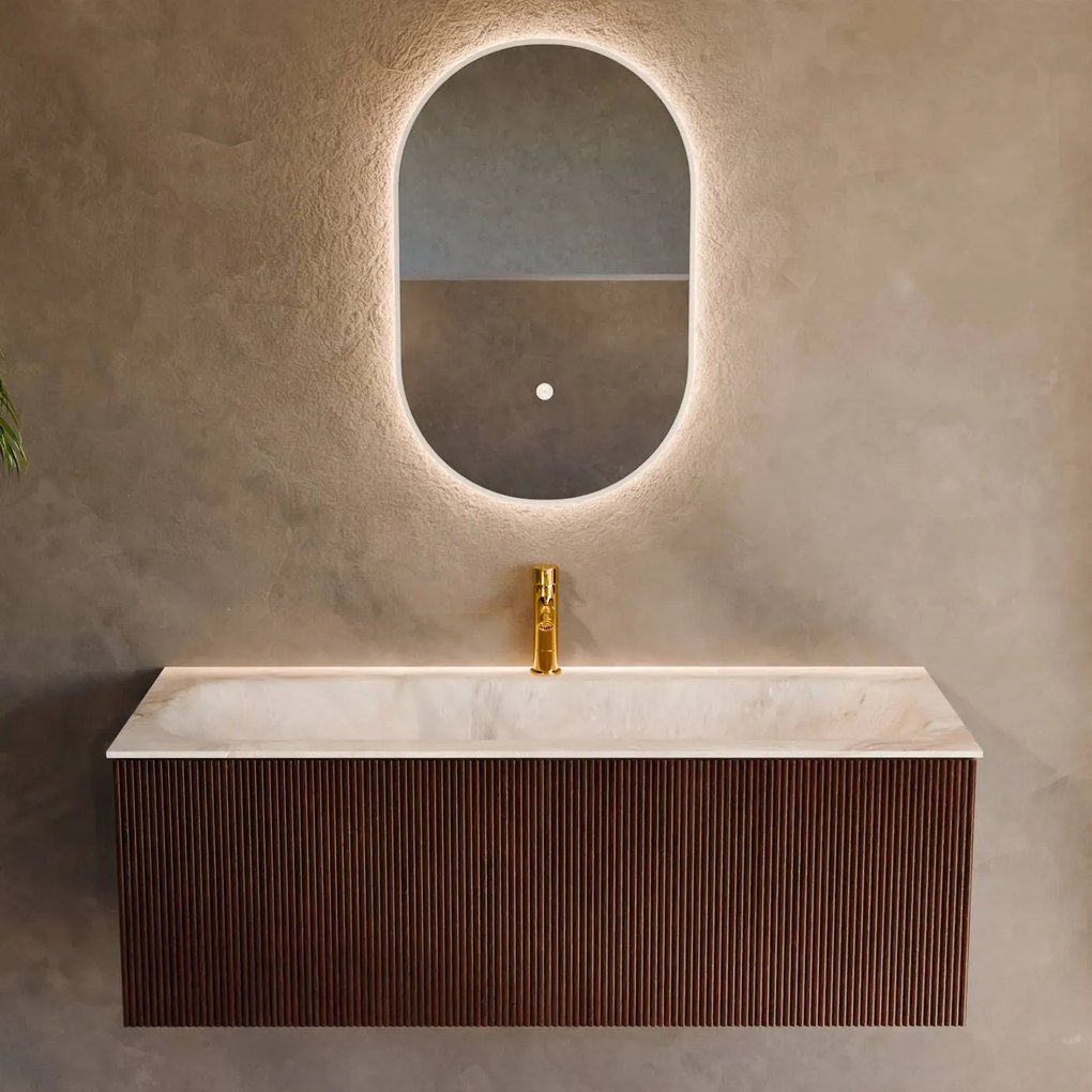 Mondiaz Kurve-dlux 120cm badmeubel ruby met 1 lade en wastafel big large midden 1 kraangat frappe