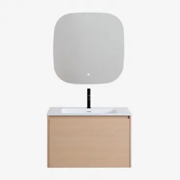 Jacob Zwevend Houten Badkamermeubelset Met Geïntegreerde Wastafel Natuurlijk Hout & Vierkant Led En Anticondens 75x75 Cm Riben & Mat Zwart - Sklum