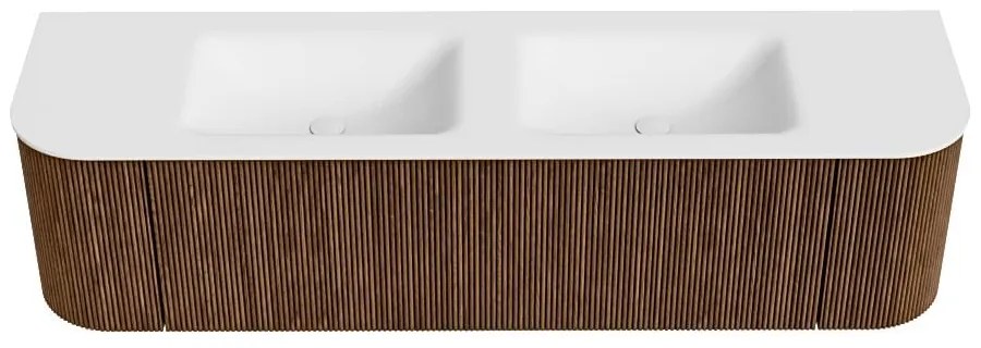Mondiaz Kurve 170cm badmeubel ronding links/rechts walnut met 1 lade en 2 deuren en wastafel cloud dubbel 2 kraangaten