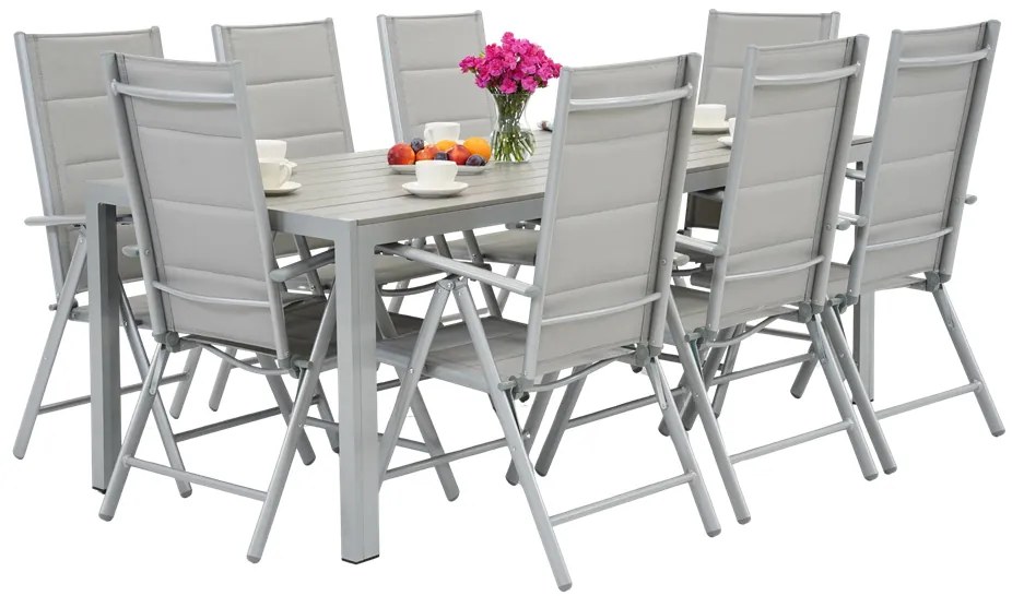 Garden Point lichtgrijze aluminium tuinmeubelen met grote Polywood Verona tafel voor 8 personen