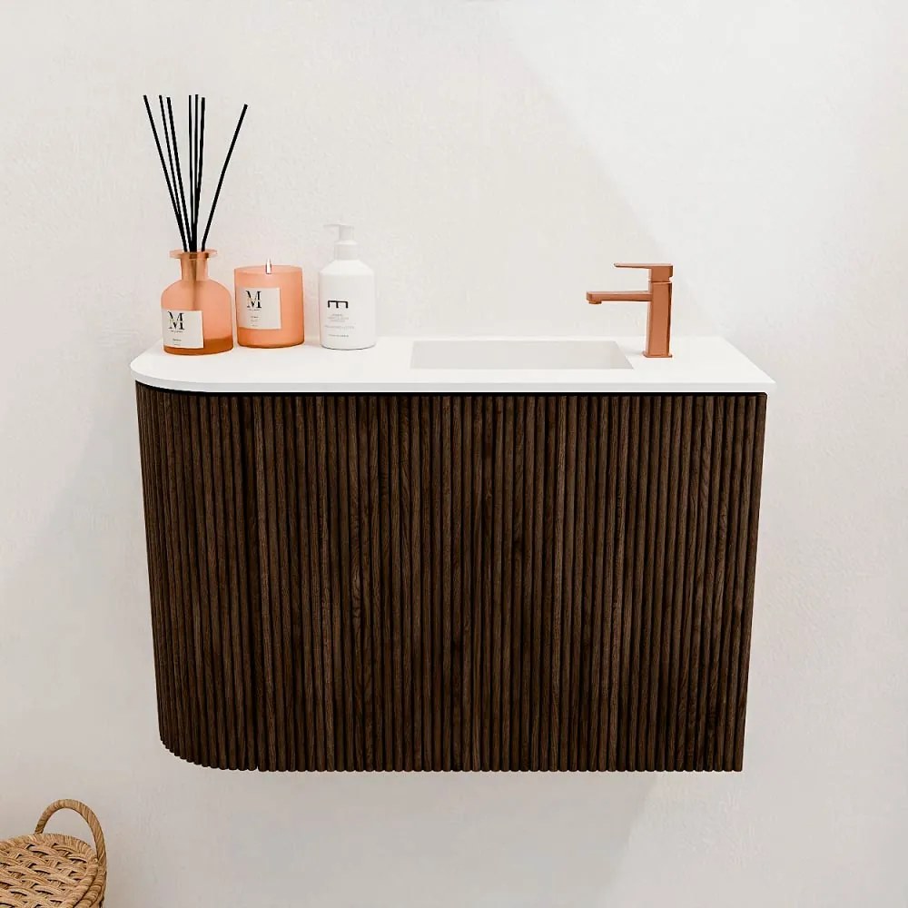 Mondiaz Joya 60cm toiletmeubel ronding links walnut met wastafel faye rechts 1 kraangat talc