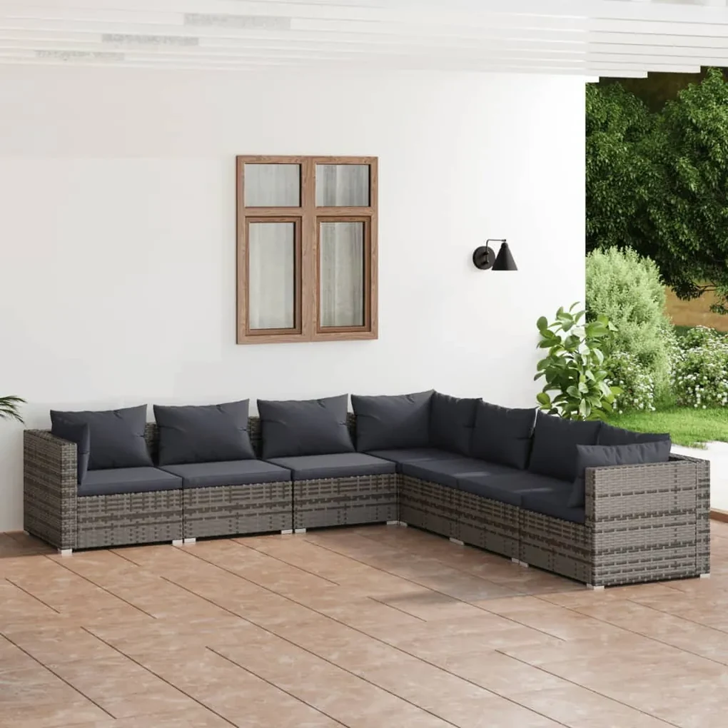 vidaXL 7-delige Loungeset met kussens poly rattan grijs