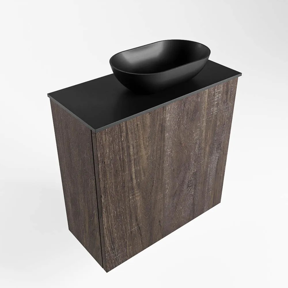 Mondiaz Fowy toiletmeubel 50cm dark brown met zwarte waskom rechts en kraangat