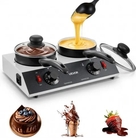 VEVOR Chocoladesmeltmachine met 2 potten van 1 liter, chocoladesmeltpan voor familiebijeenkomsten, feesten en zelfgemaakte desserts, met aparte temperatuurregeling, PTC-verwarming en antiaanbaklaag.