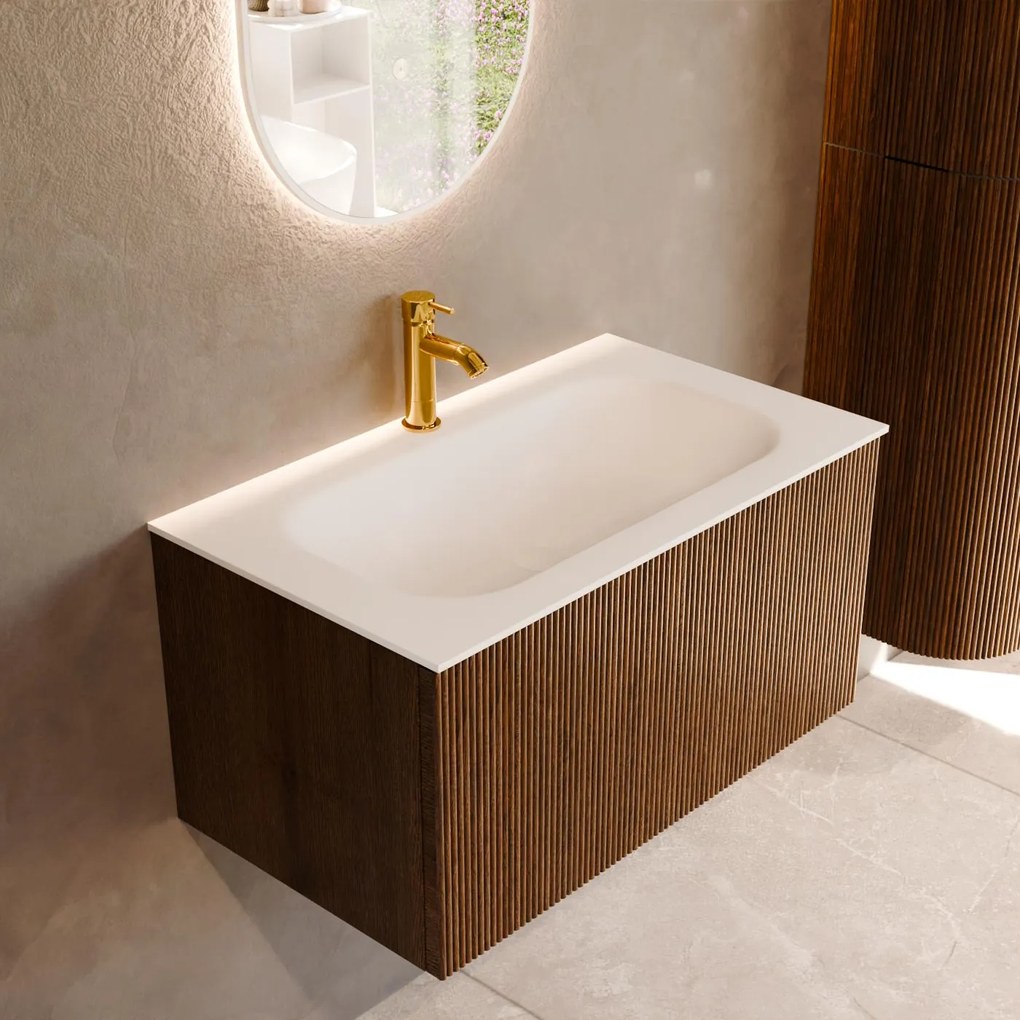 Mondiaz Kurve 80cm badmeubel dusk met 1 lade en wastafel big small midden 1 kraangat
