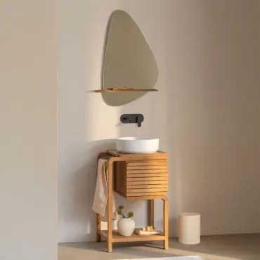 Bradley Teakhouten Badkamermeubelset Rond Keramiek Wit Ø40 Cm Lenka & Onregelmatig Met Houten Plank 55x85 Cm Kai & Zwart Ingebed Met - Sklum