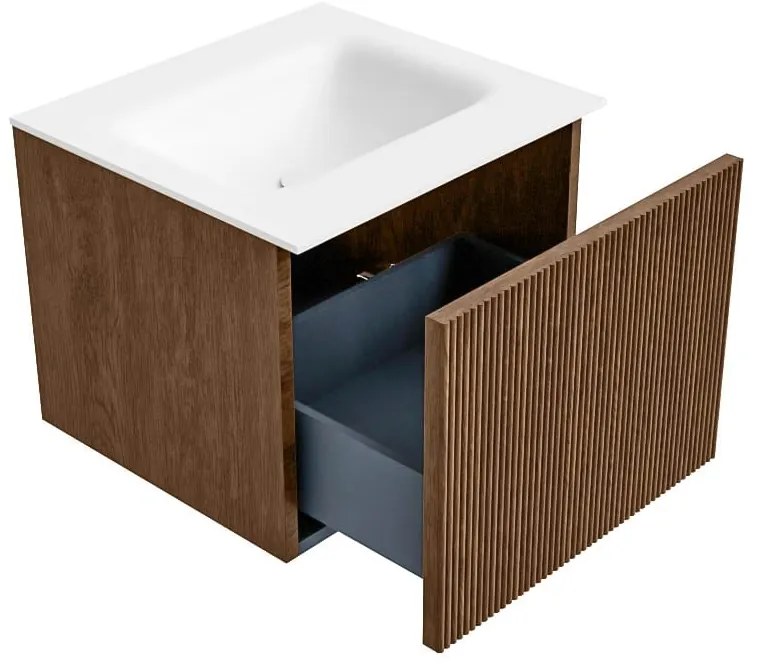 Mondiaz Kurve 50cm badmeubel walnut met 1 lade en wastafel grunne midden zonder kraangat