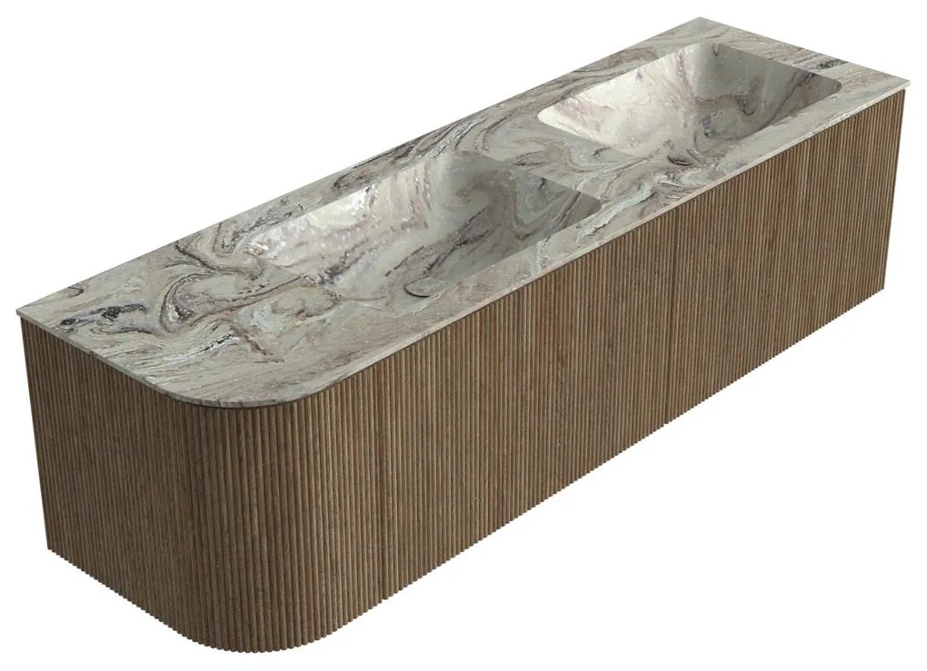 Mondiaz Kurve-dlux 155cm badmeubel ronding links dusk met 2 lades en 1 deur en wastafel leaf dubbel/rechts zonder kraangat glace