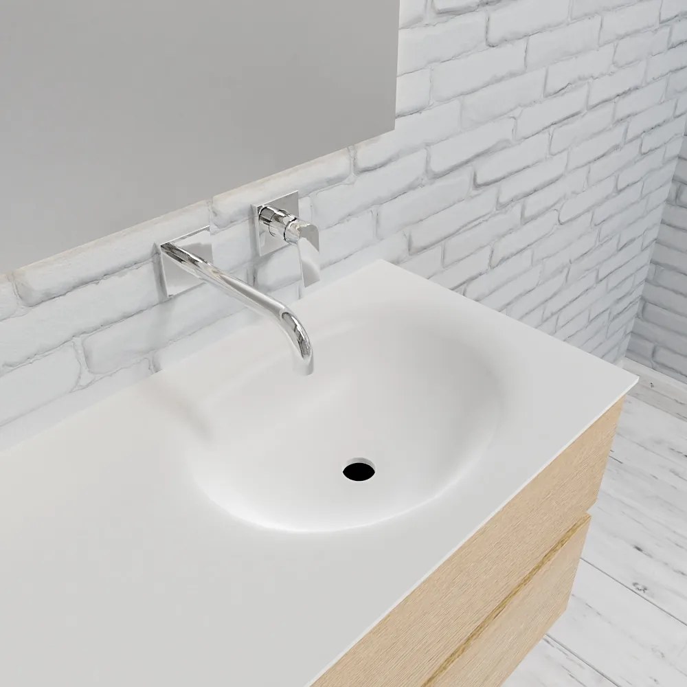 Zaro Sevilla Solid Surface badmeubel 100cm licht eiken zonder kraangat spoelbak rechts met 2 lades