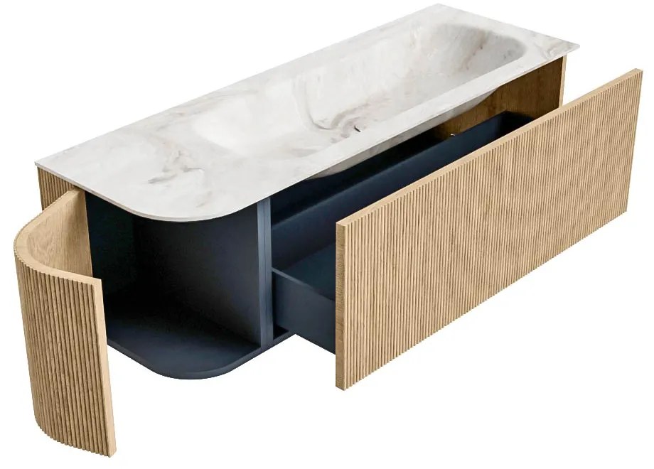 Mondiaz Kurve-dlux 135cm badmeubel ronding links oak met 1 lade en deur en wastafel big medium kraangat rechts frappe