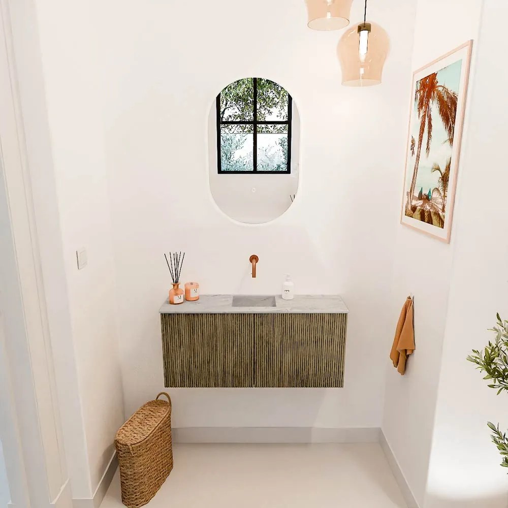 Mondiaz Joya DLux 90cm toiletmeubel dusk met wastafel faye midden zonder kraangat glace