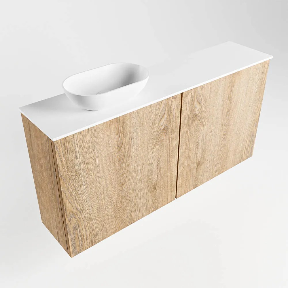 Mondiaz Fowy toiletmeubel 100cm washed oak met witte waskom links en kraangat