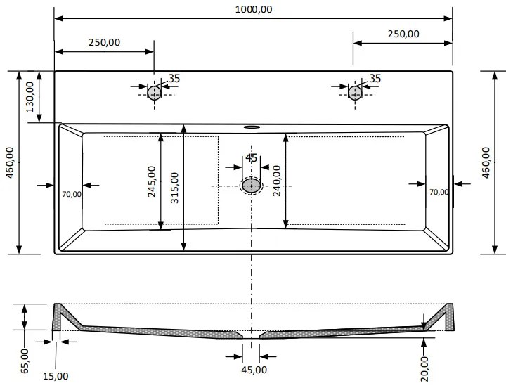 SaniGoods Kolo wastafel 100cm met 2 kraangaten mat cappuccino