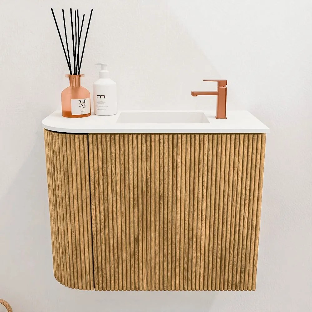 Mondiaz Joya 50cm toiletmeubel ronding links oak met wastafel faye rechts 1 kraangat talc