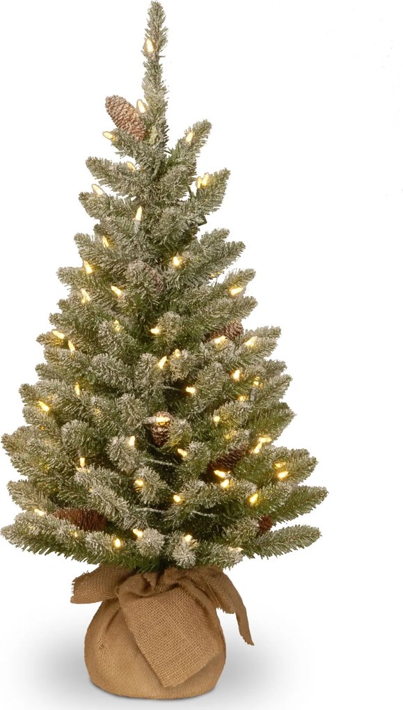 Snowy Concolor Burlap kunstkerstboom - 91 cm - groen - Diameter 51 cm - 130 tips - 50 ledlampjes - besneeuwd &amp; dennenappels - jute zak