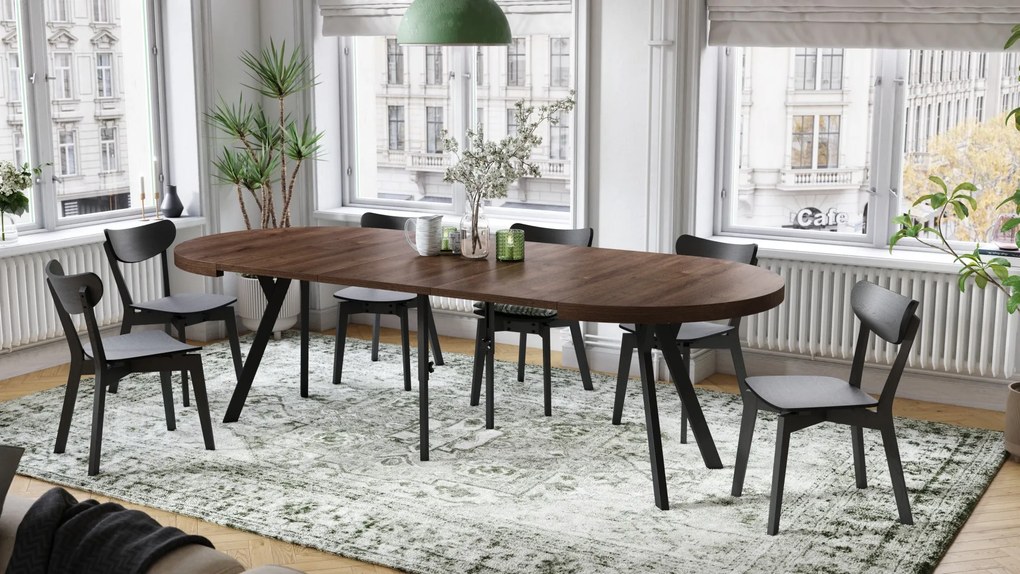 EXPANSO Bruine eik/zwarte poten - GROTE RONDE TAFEL Ø110 UITBREIDBAAR TOT 310 cm met Y-POTEN LOFT/INDUSTRIAL