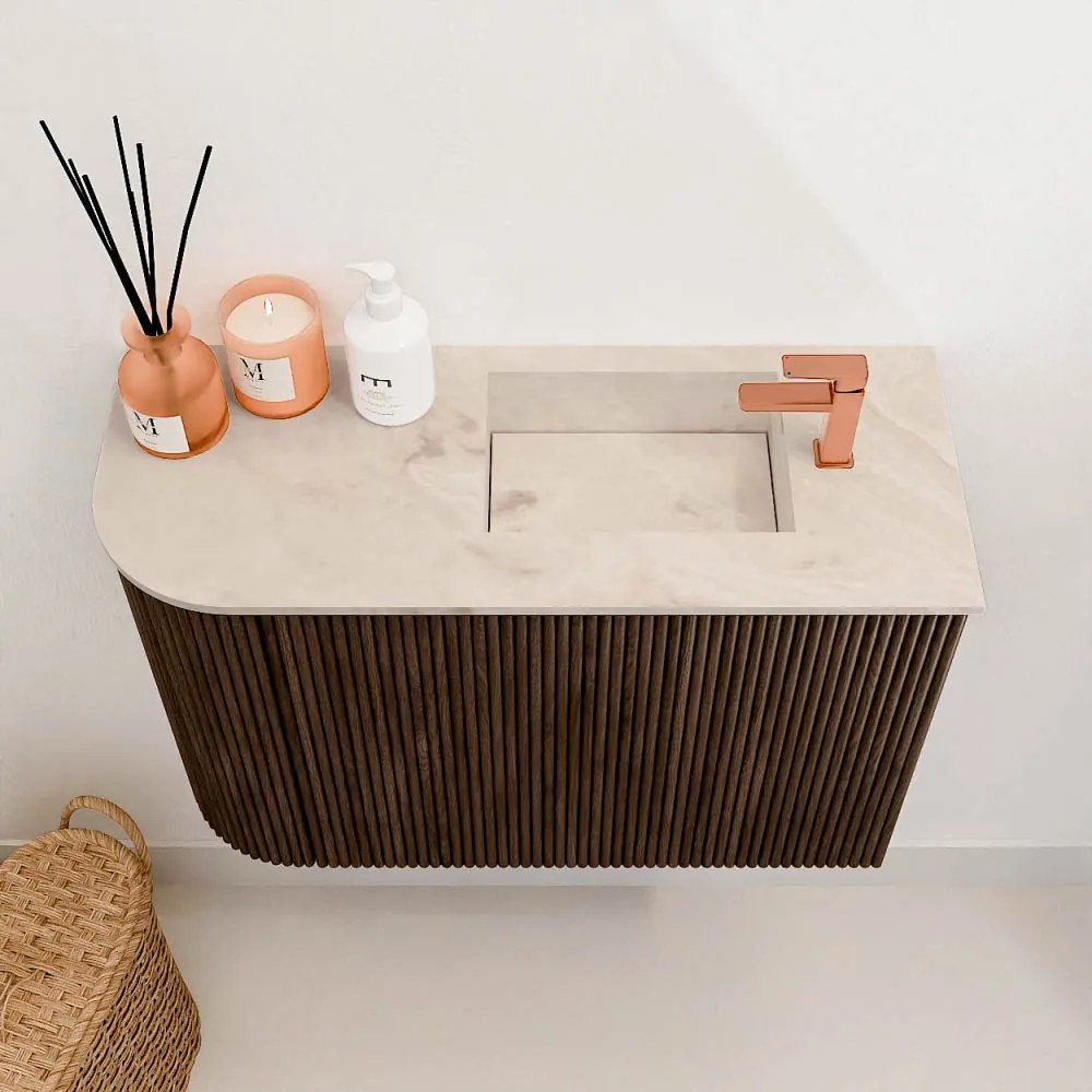 Mondiaz Joya DLux 60cm toiletmeubel ronding links walnut met wastafel faye rechts 1 kraangat frappe