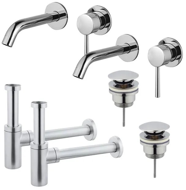 Fortifura Calvi Wastafelkraanset - voor dubbele wastafel - inbouw wastafelkraan - klikwaste plug - design sifon - Chroom 2x SW377814/2x SW696203/2x SW696214