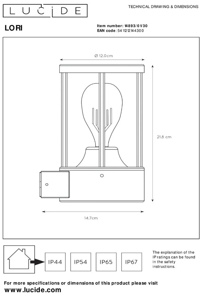 Lucide Lori wandlamp 15W 20x15cm antraciet