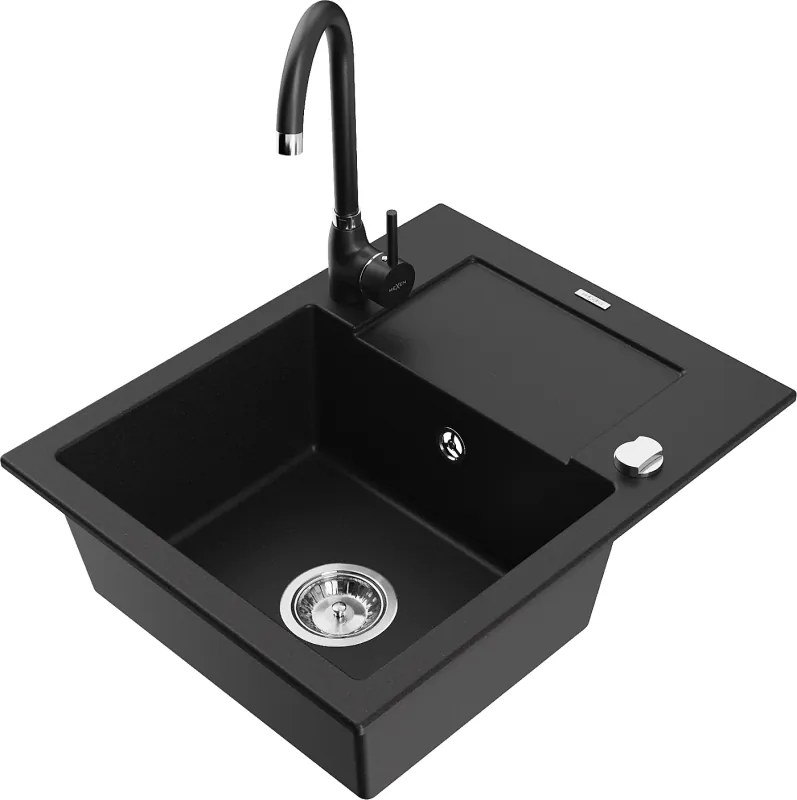 Mexen Enzo granieten gootsteen 1-komorige met afdruiprek en keukenmengkraan Telma, zwart - 6506-77-670200-70