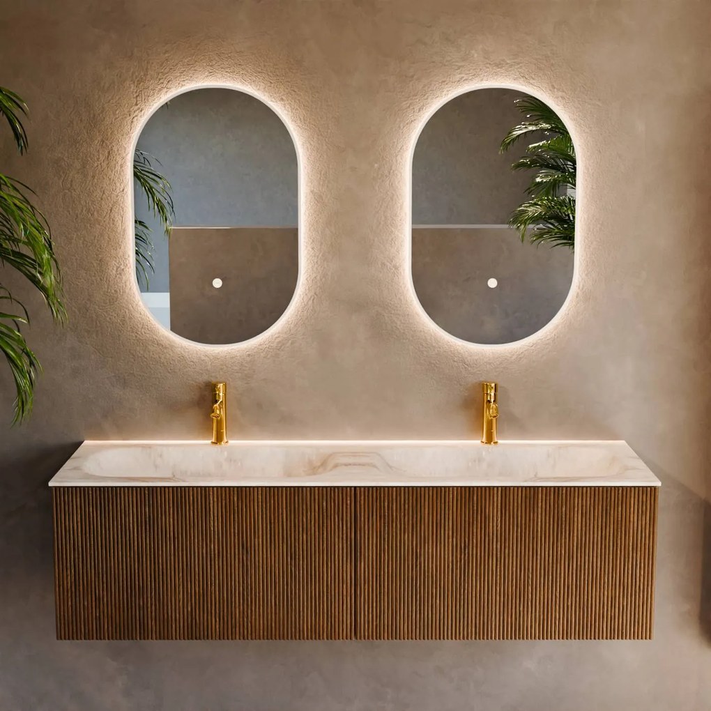 Mondiaz Kurve-dlux 150cm badmeubel dusk met 2 lades en wastafel stor small dubbel 2 kraangaten frappe