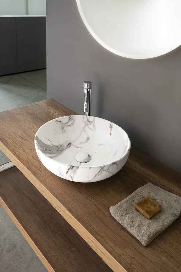 Sapho Rondane keramische waskom 41x41cm wit marmer