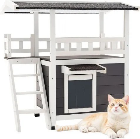 VEVOR Buitenkattenhuis, 2-laags houten kattenhuis met trap en balkon, verhoogde kattenhut, ruime ruimte, voor binnen- en buitenkatten in de winter, 762x563x774 mm
